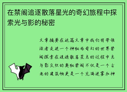在禁阁追逐散落星光的奇幻旅程中探索光与影的秘密