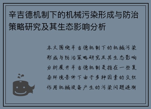 辛吉德机制下的机械污染形成与防治策略研究及其生态影响分析